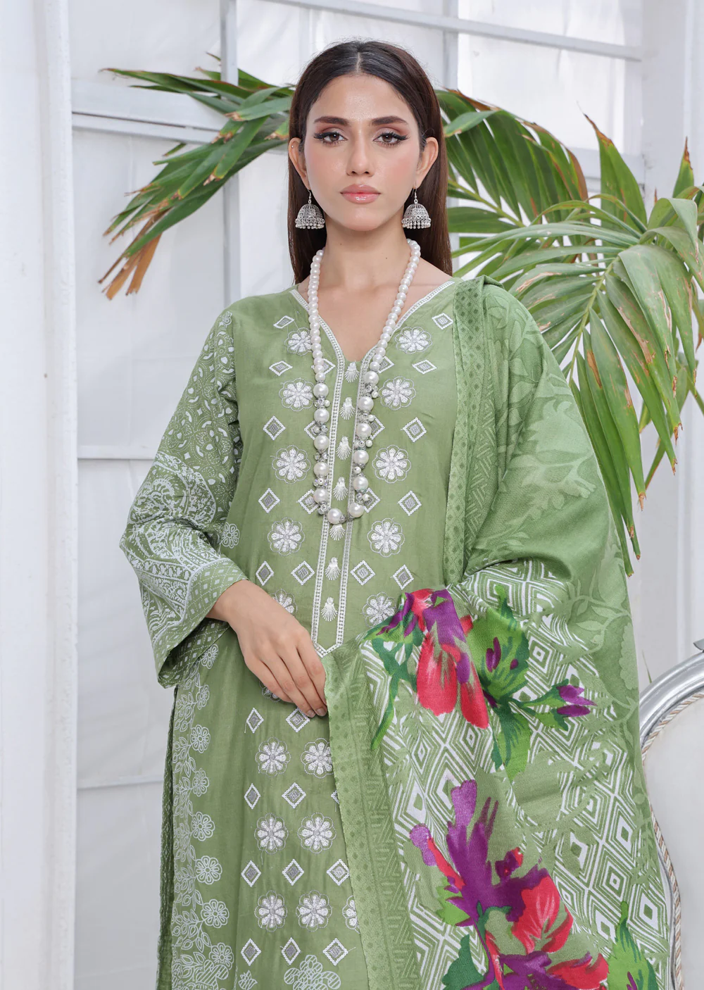 AMT5101 - Green Readymade LInen Shawl Suit - Image 4