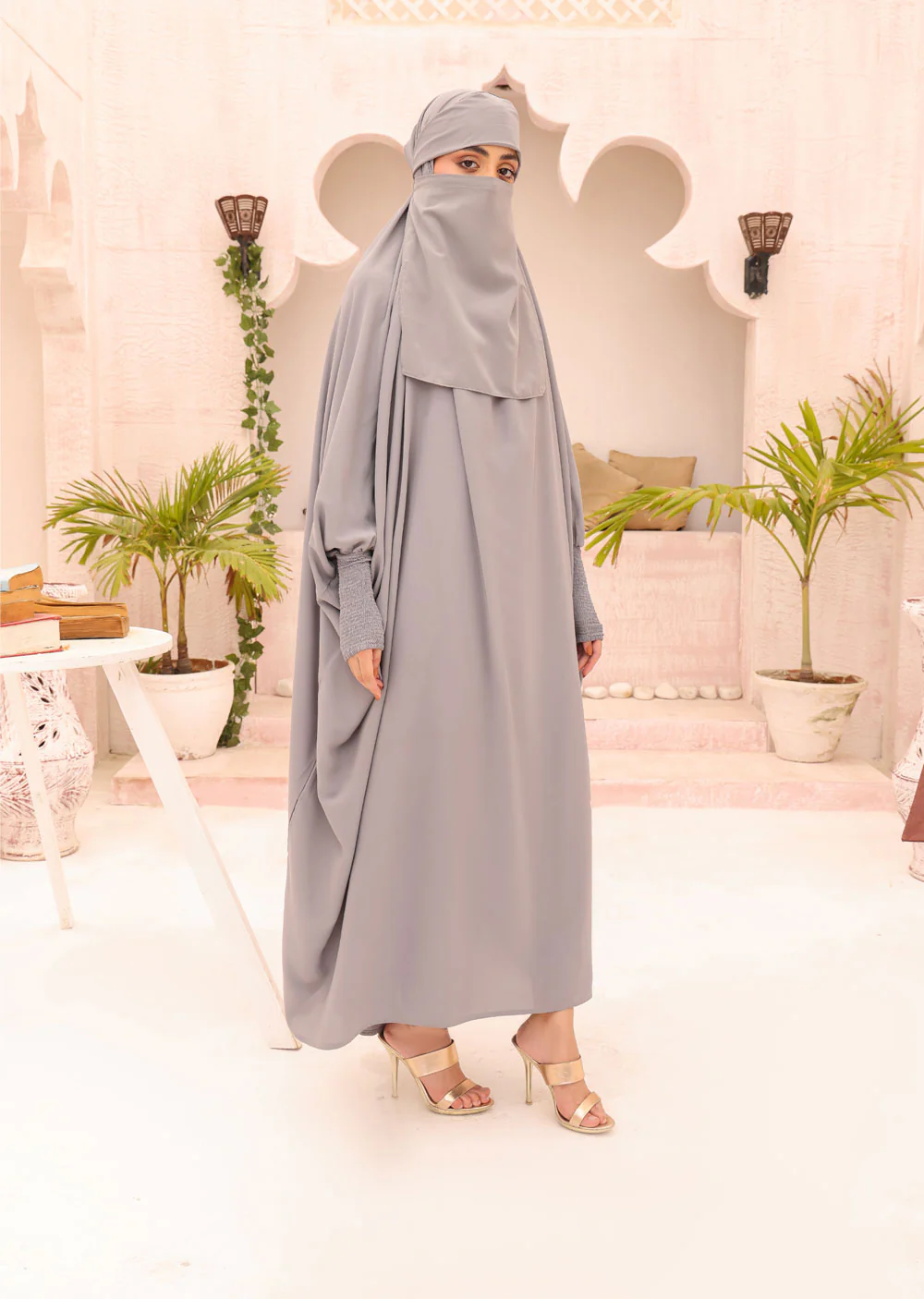 ASL-208 Haya - Grey 1 Piece Jilbab Prayer Set with Elasticated Cuff - Image 2