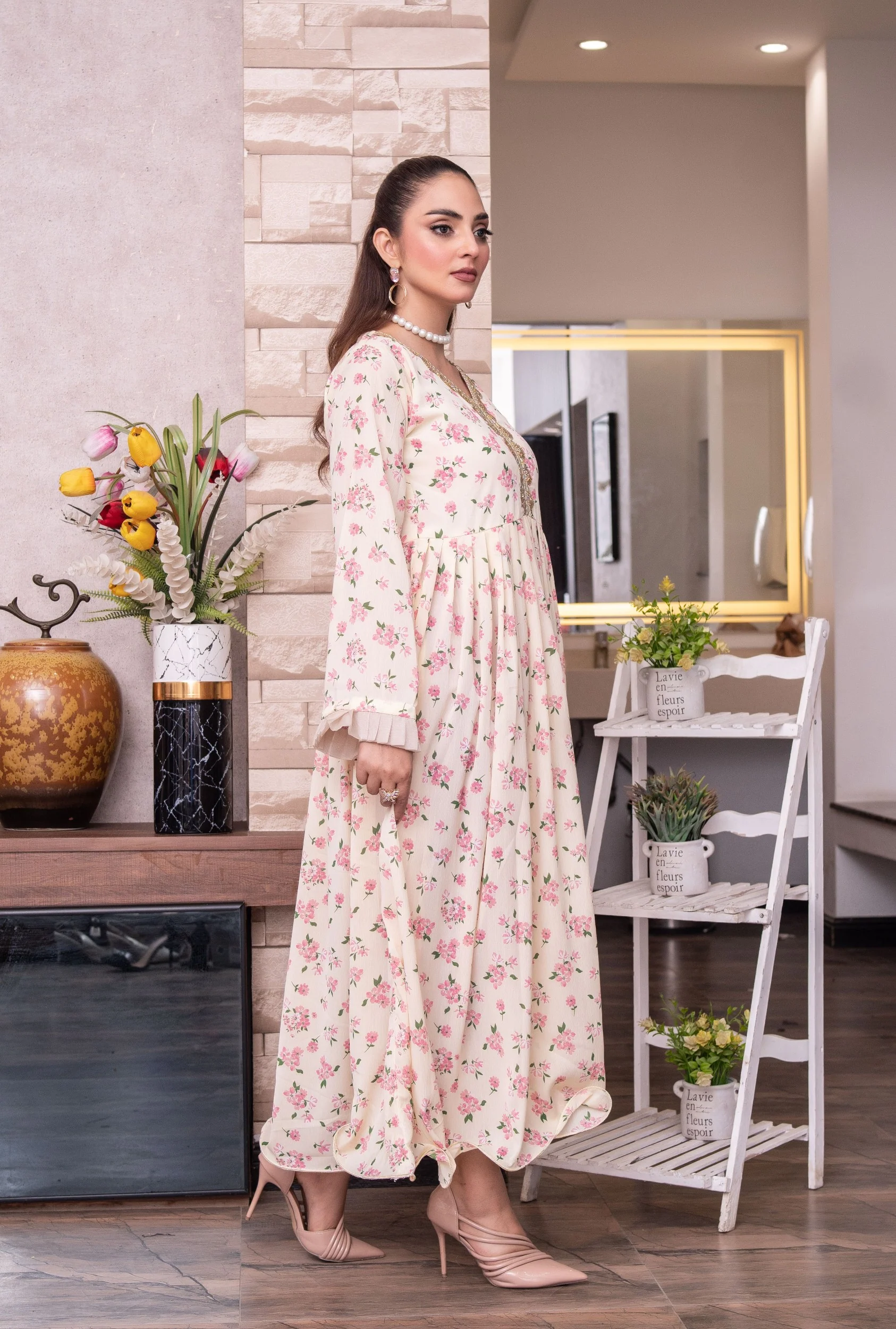 FK-309- Cream - Readymade Frock Georgette Outfit 2025 - Image 2