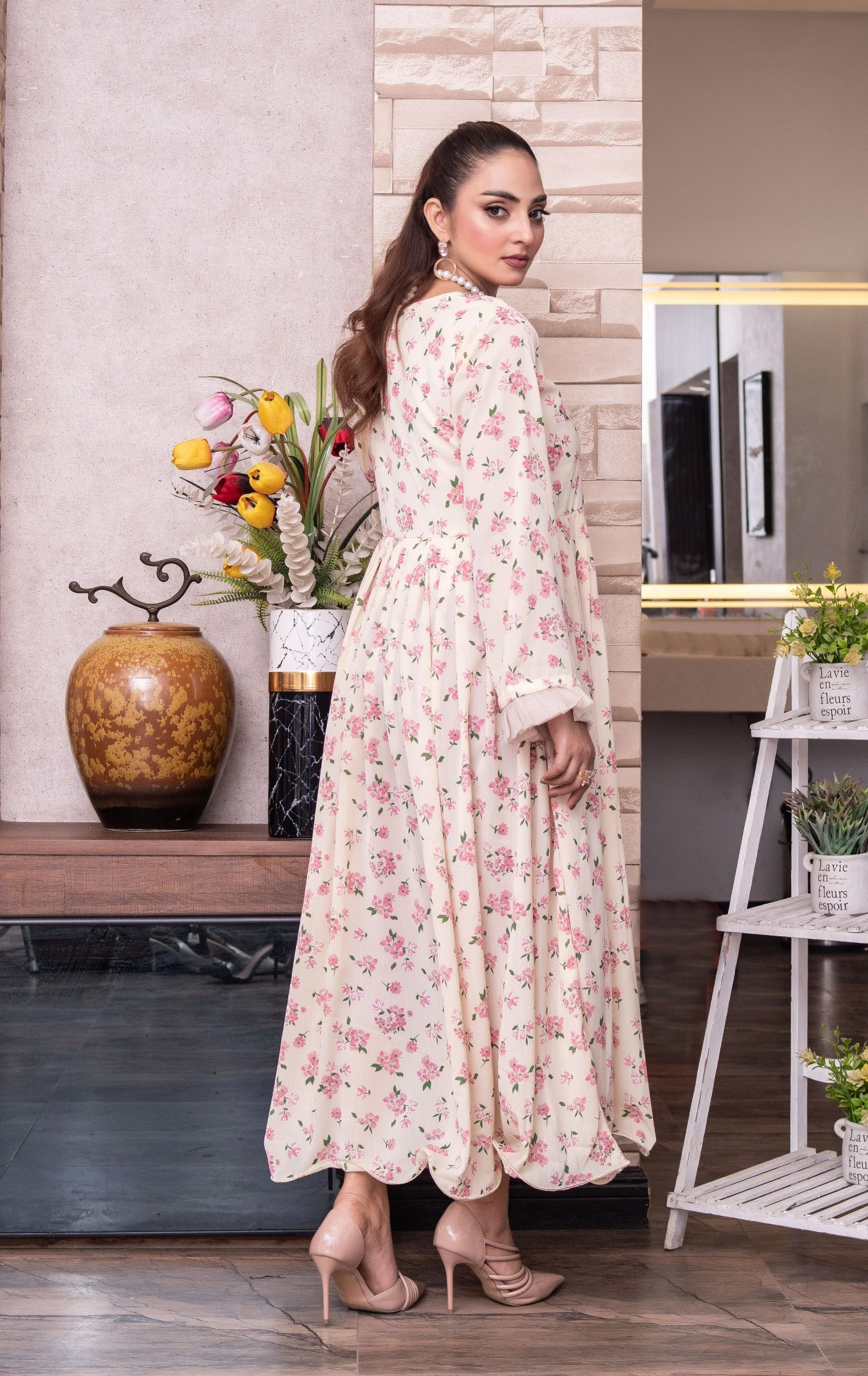 FK-309- Cream - Readymade Frock Georgette Outfit 2025 - Image 5