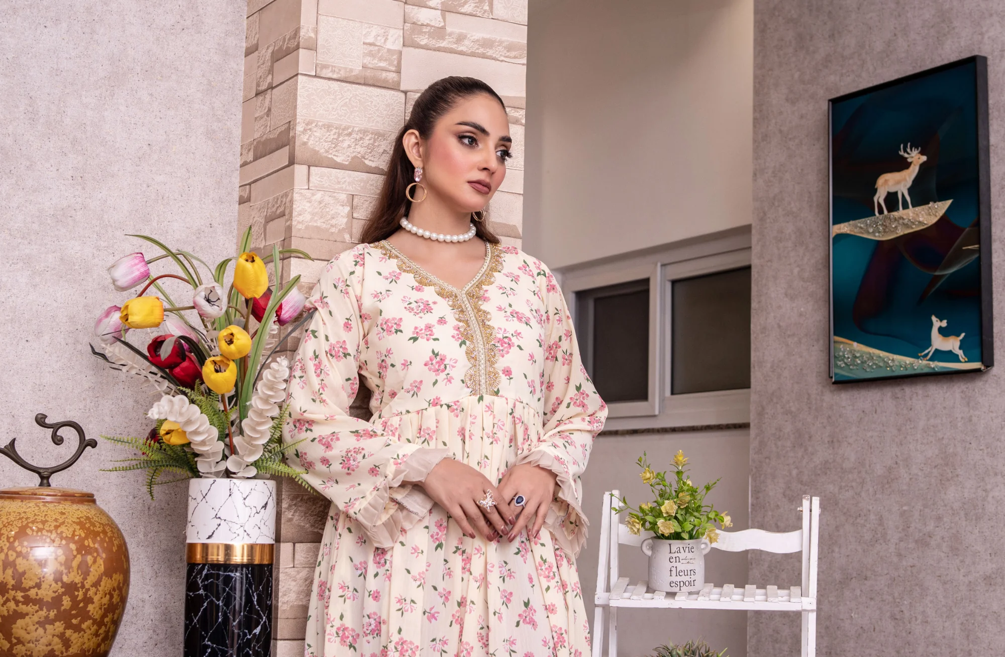 FK-309- Cream - Readymade Frock Georgette Outfit 2025 - Image 7