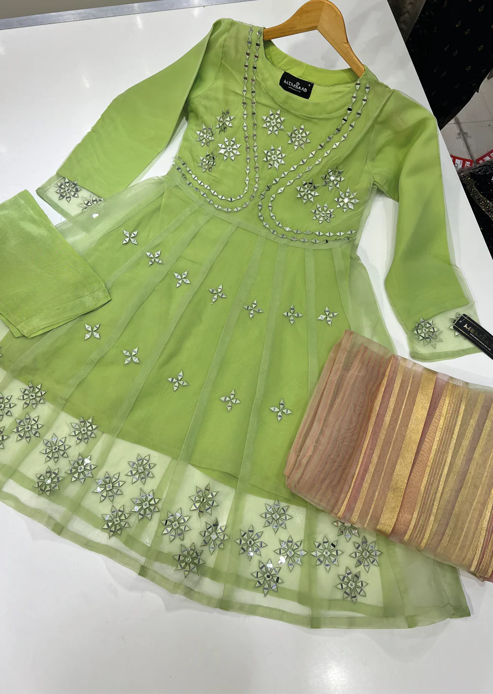 HK120 Readymade Green Eshaal Organza Suit