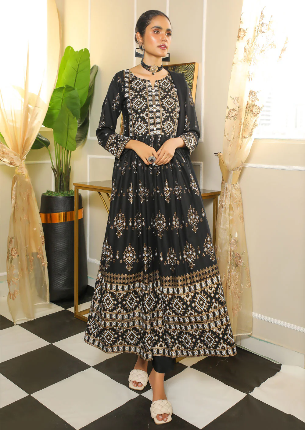 HK141 Diamond Black Readymade Mother & Daughter Linen Dress