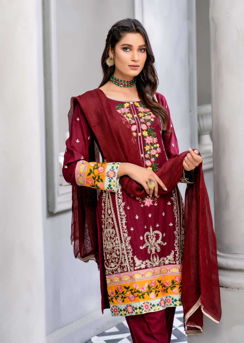HK150 Rohnak Maroon Readymade Linen Suit - Image 5