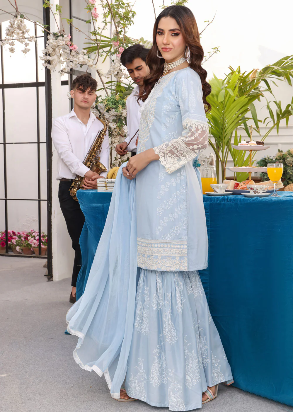 HK181     Bekhud Readymade Baby Blue Linen Mother & Daughter Suit - Image 3