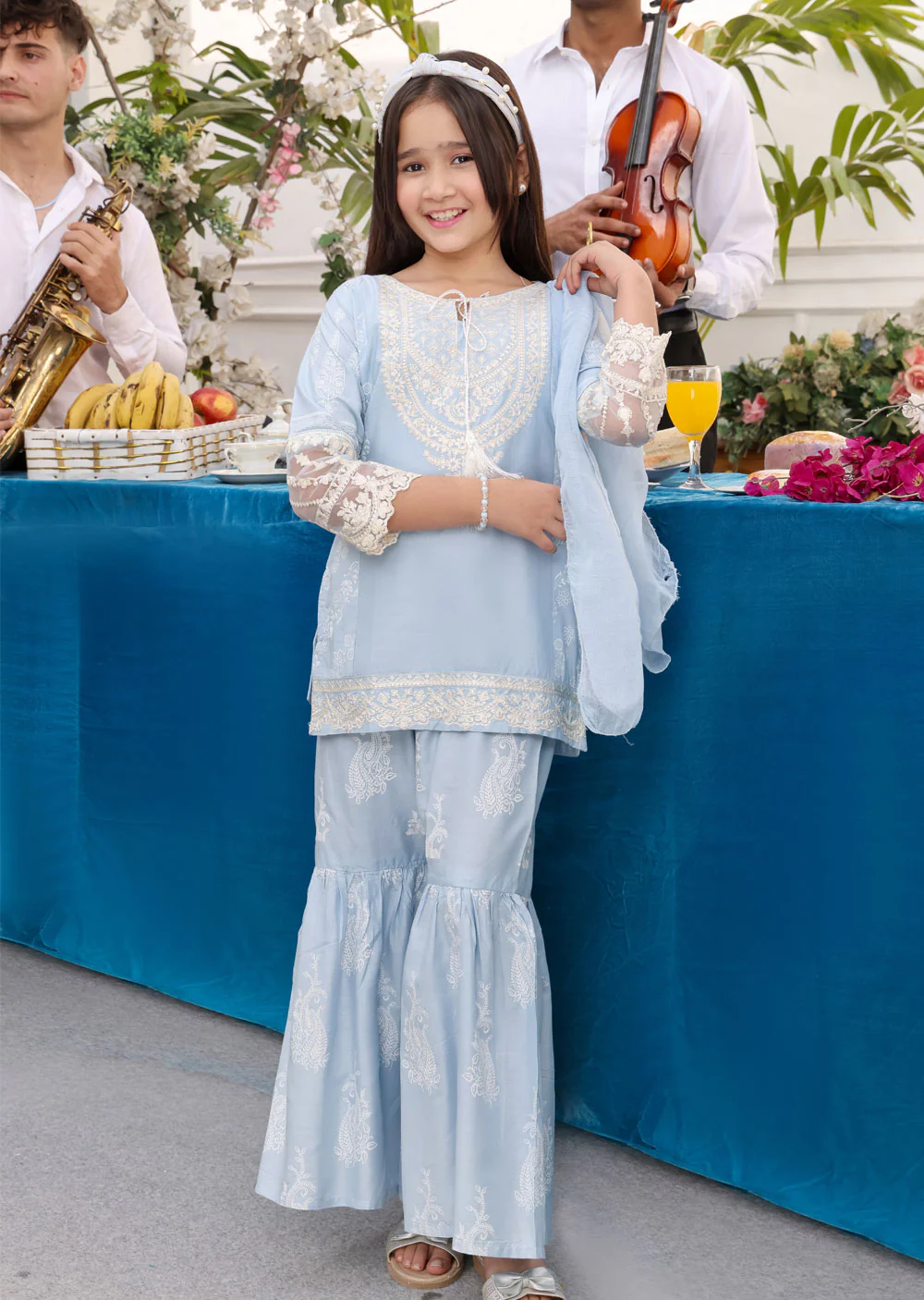 HK181     Bekhud Readymade Baby Blue Linen Mother & Daughter Suit - Image 5