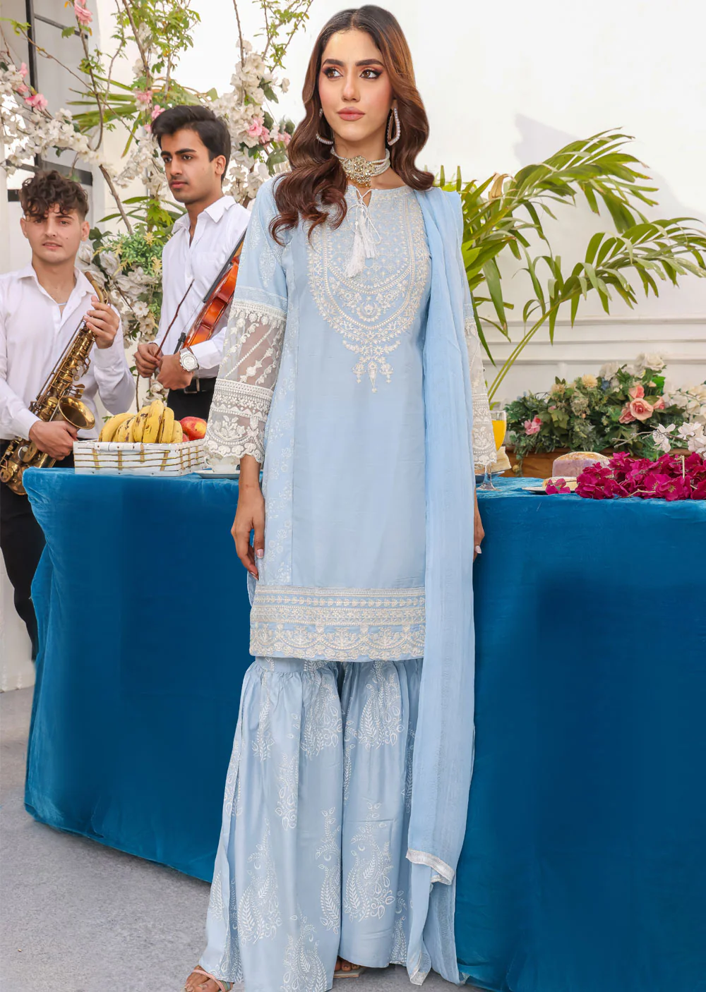 HK181     Bekhud Readymade Baby Blue Linen Mother & Daughter Suit - Image 8