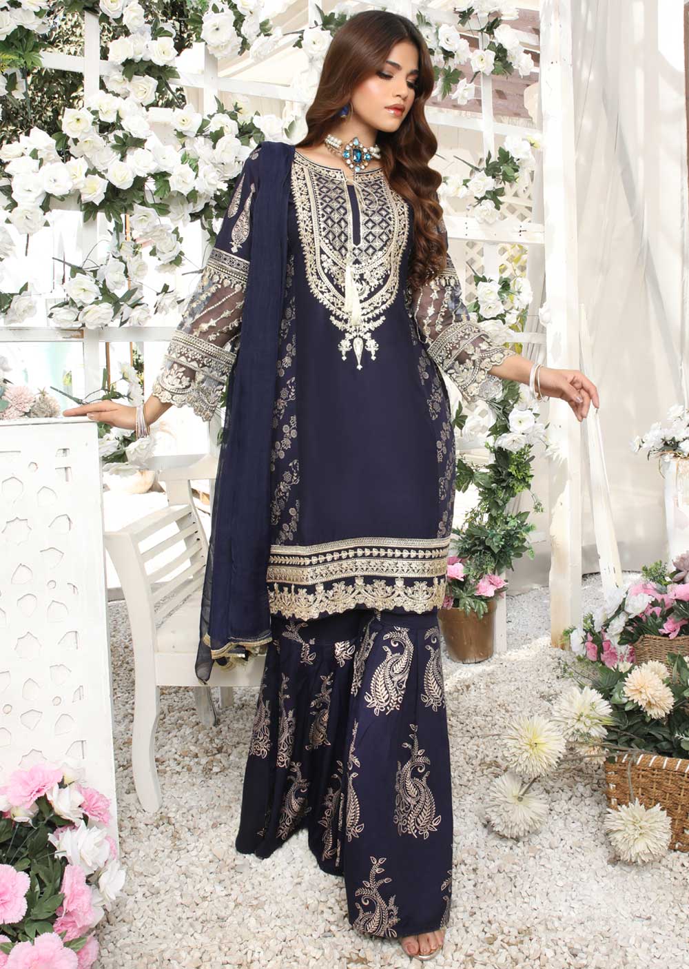 HK181 Bekhud Readymade Navy Linen Mother & Daughter Suit - Image 2