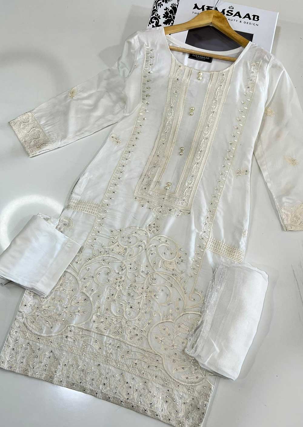 HK205 Abeer Readymade White Linen Suit - Image 5