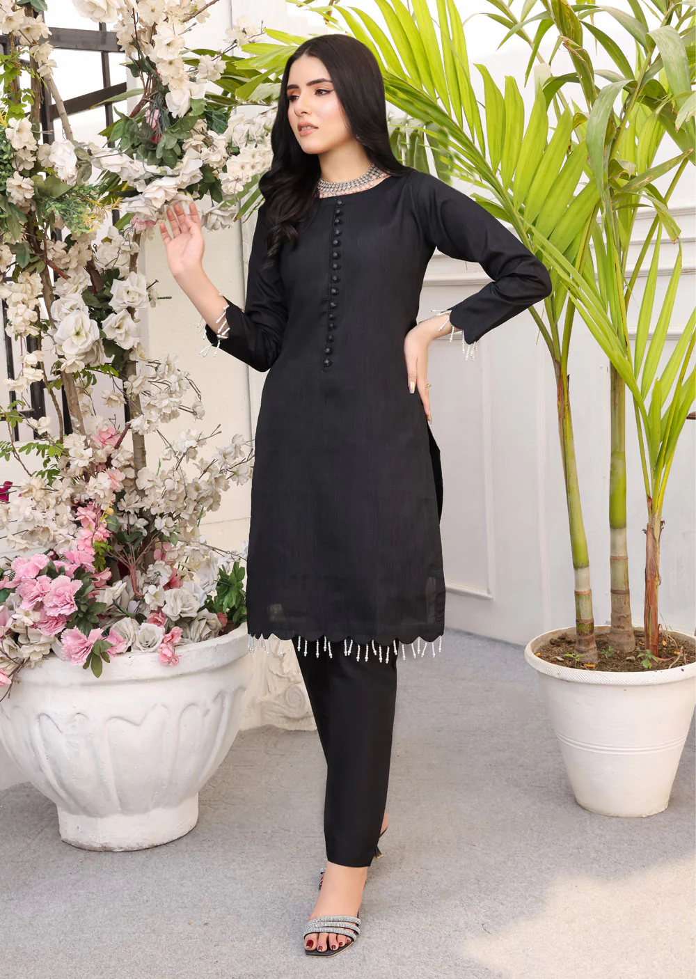 HK233 Saha - Black Readymade Raw Silk Suit