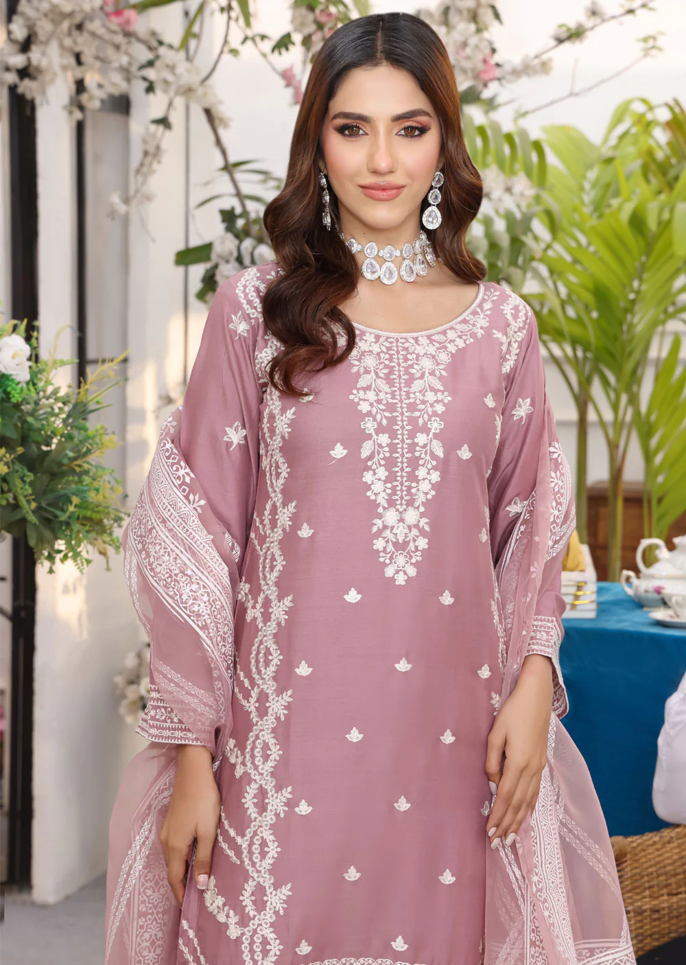 HK247 - Mauve Readymade Linen Mother & Daughter Suit - Image 3
