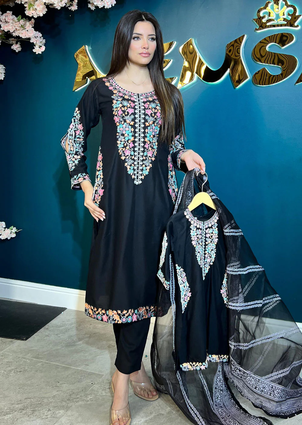 HK248 - Black Readymade Linen Suit Mummy & Me Suit - Image 2