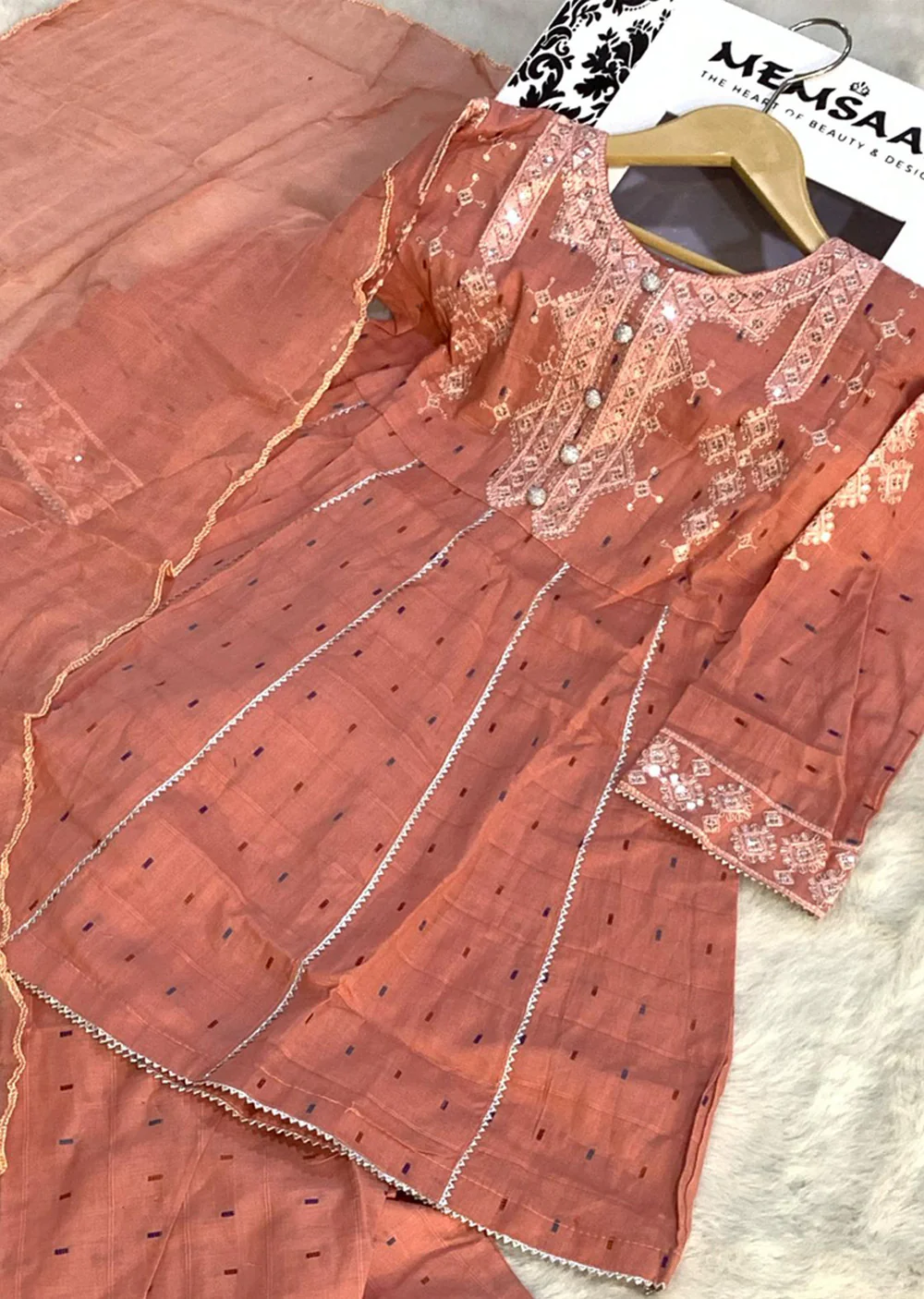 HMZDS-14 - Peach - Readymade - Embroidered Cotton Suit 2025 - Image 2