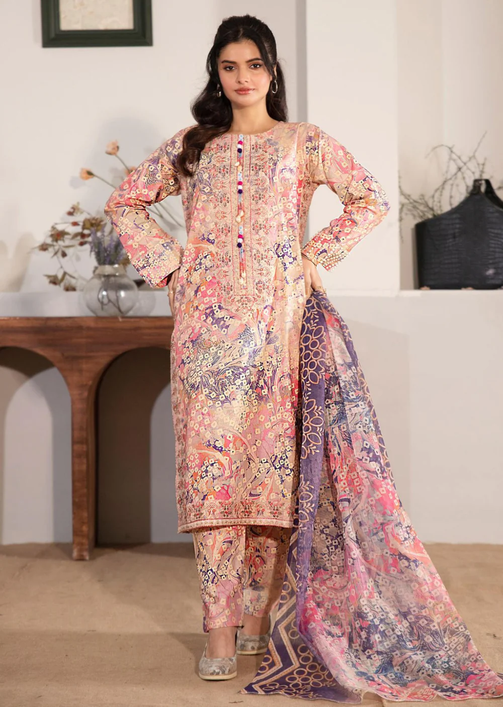 HNR-02 - Pink - Readymade - Haroon Cotton Printed Suit 2025