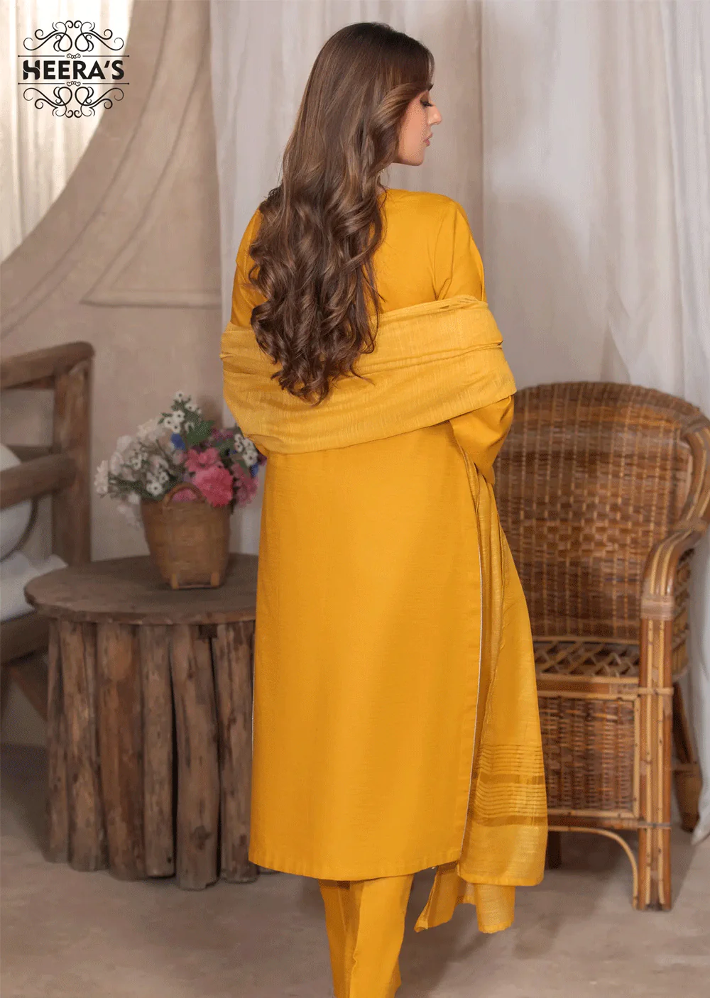 HSS-165 - Readymade - Mustard/Olive Majesty Embroidery suit by Heeras - Image 2