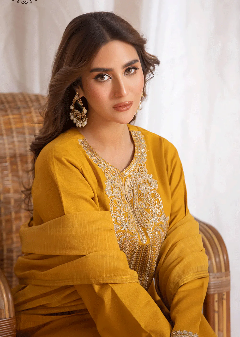 HSS-165 - Readymade - Mustard/Olive Majesty Embroidery suit by Heeras - Image 5