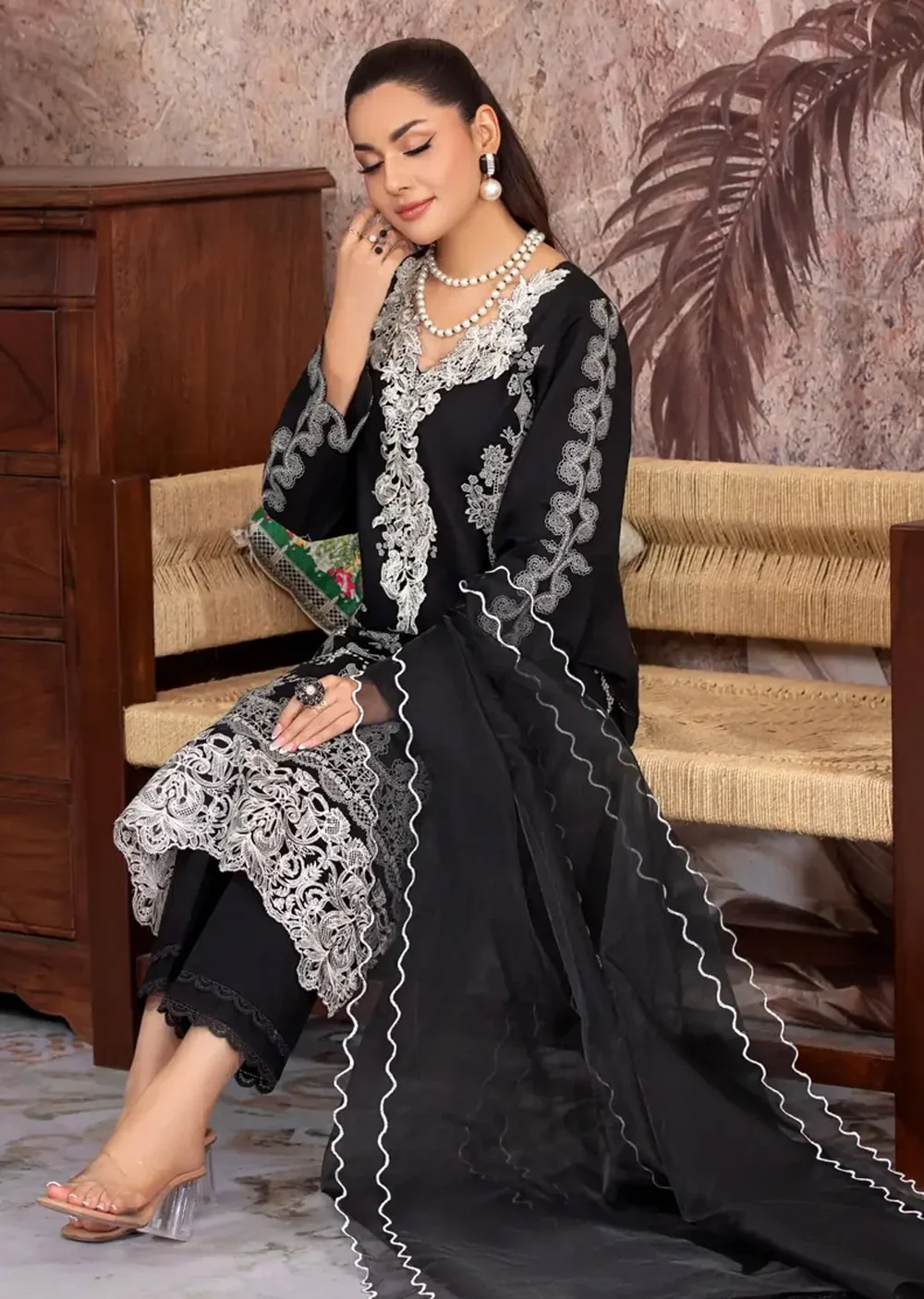 HSS-168 - Readymade - Viscose Black Pearl Embroidered suit by Heeras - Image 5