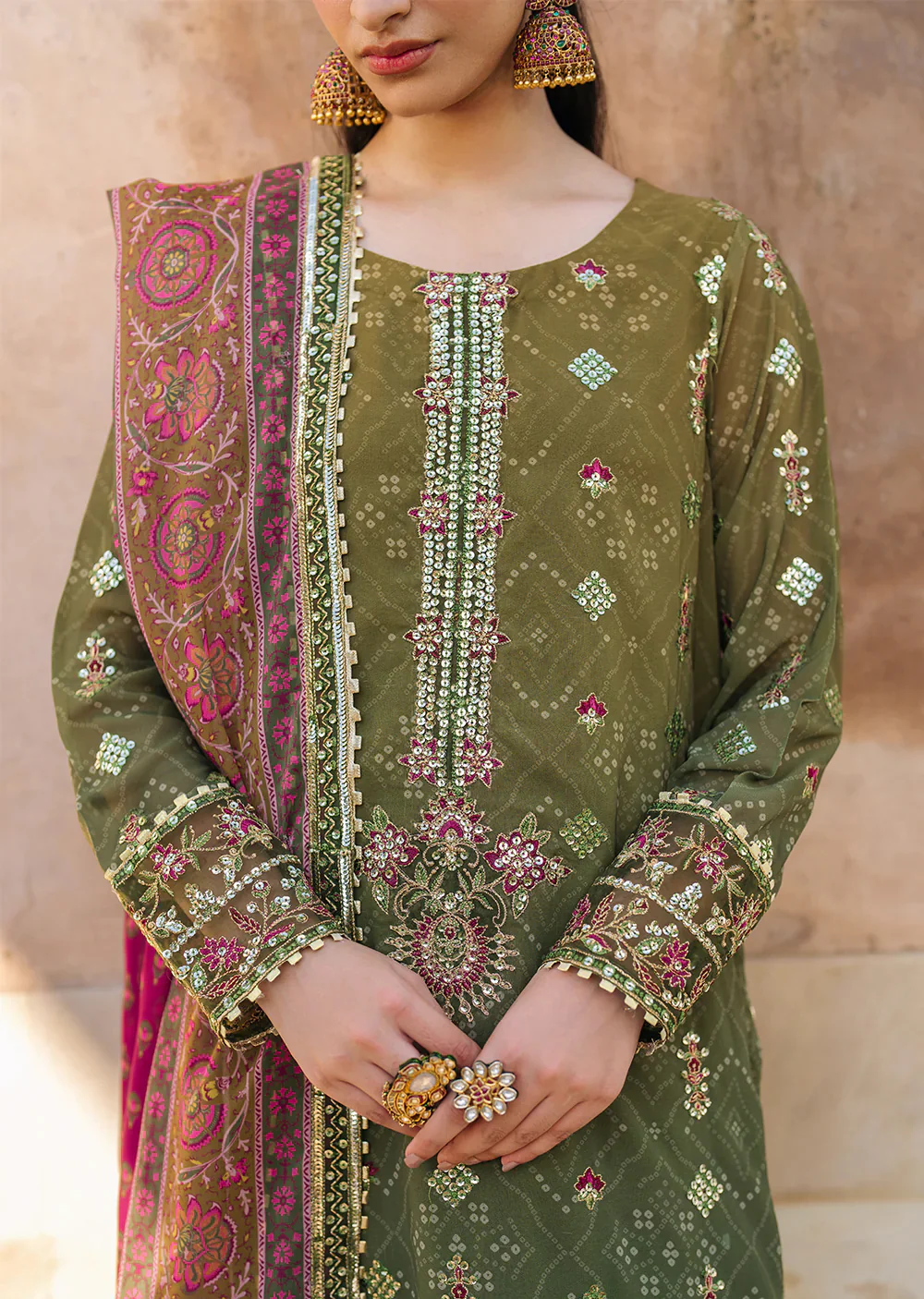 IZKN-05 - Mehndi Green  Readymade - Bandhani Chiffon Collection by Iznik 2025 - Image 3