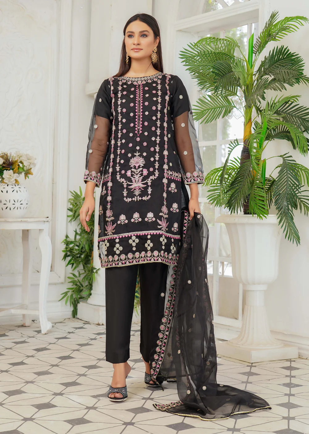 KLD116 Black Readymade Organza Suit - Image 2