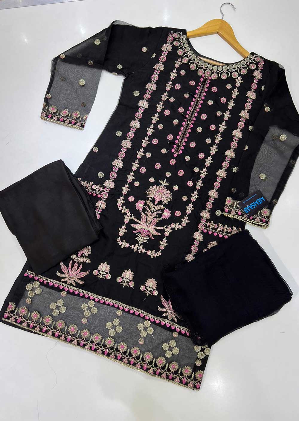 KLD116 Black Readymade Organza Suit - Image 5