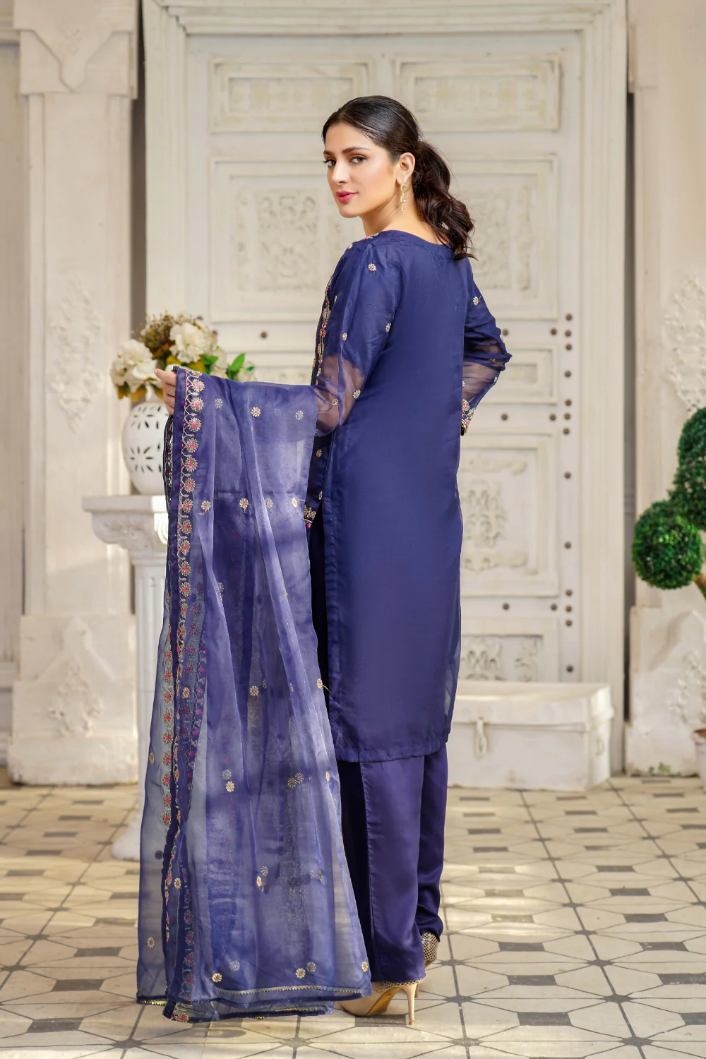 KLD116 Navy Readymade Organza Suit - Image 4