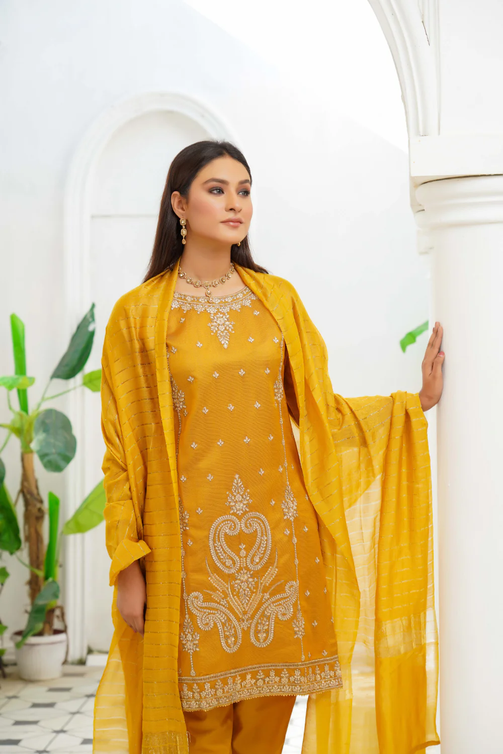 KLD119 Mustard Readymade Winter Cotton Net Suit - Image 4