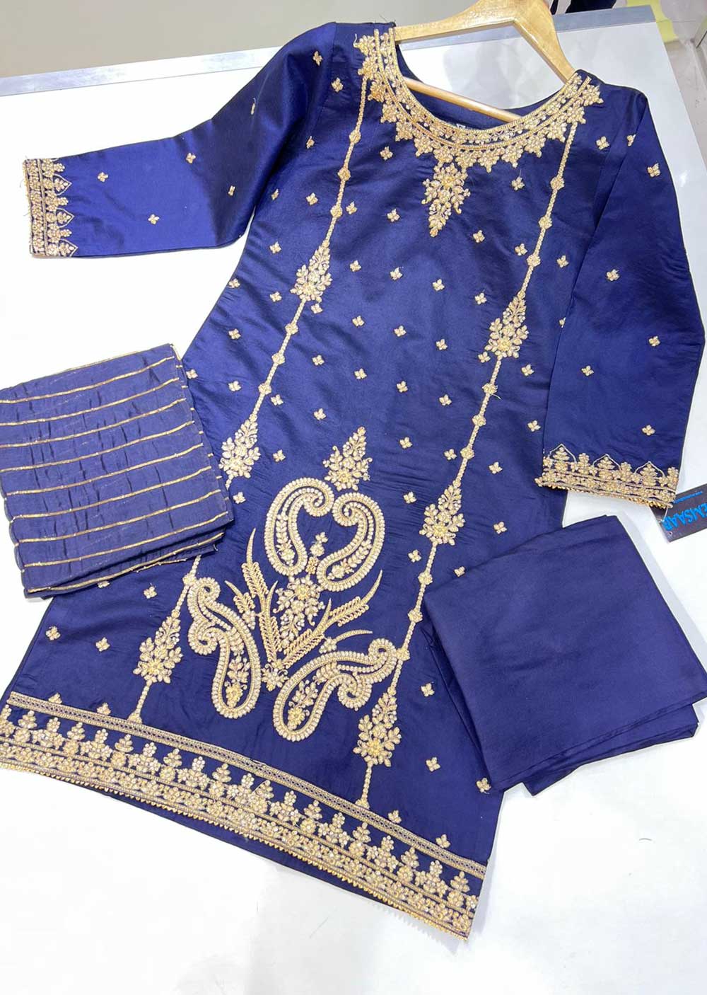 KLD119 Navy Readymade Winter Cotton Net Suit - Image 5