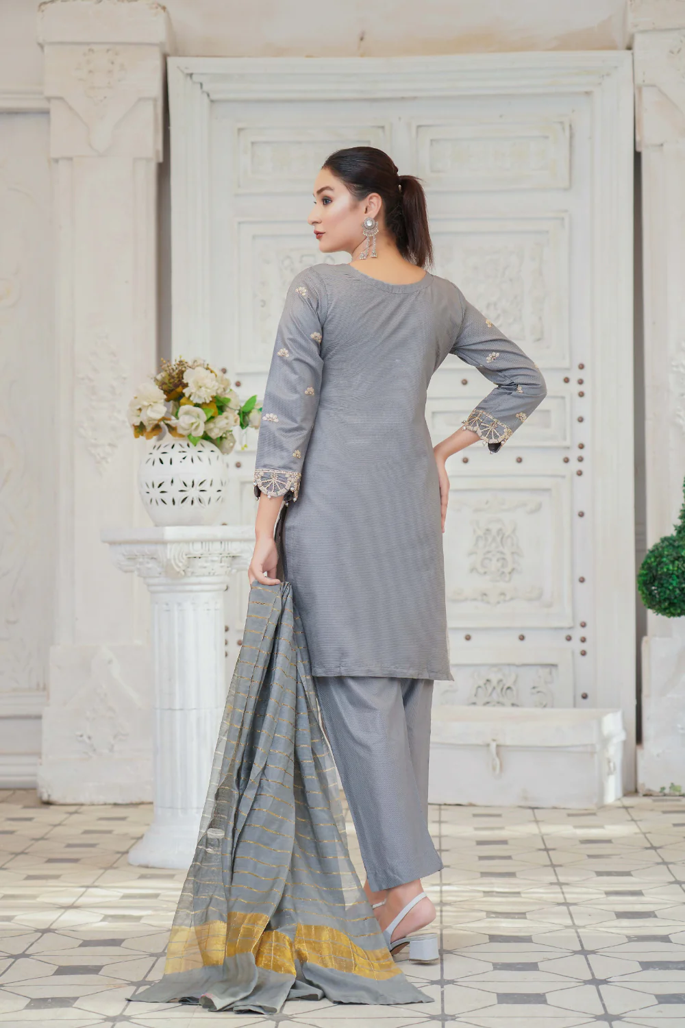 KLD121 Grey Readymade Winter Cotton Net Suit - Image 5