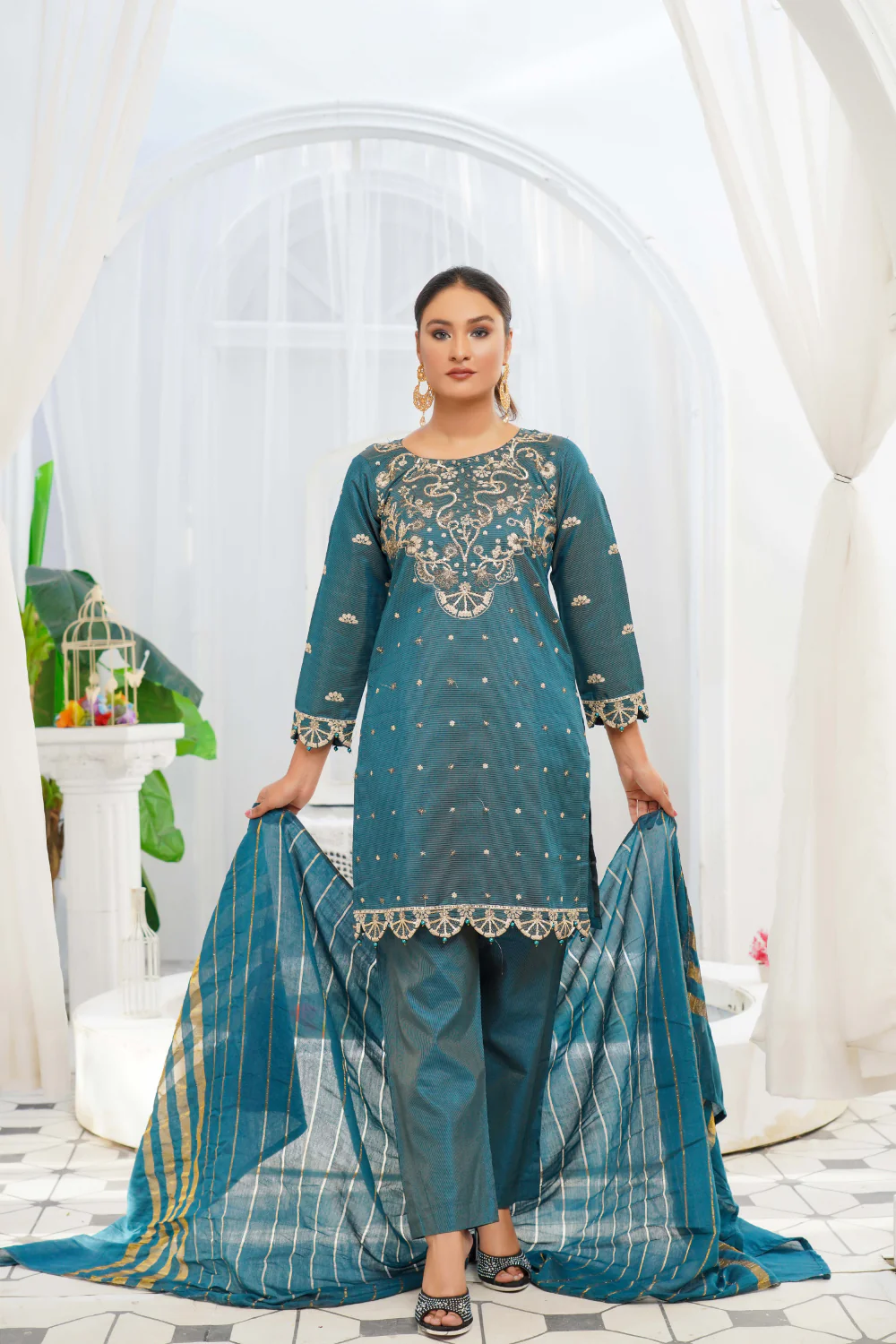 KLD121 Teal Readymade Winter Cotton Net Suit - Image 2