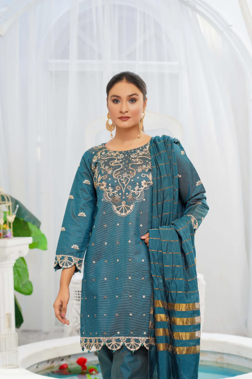KLD121 Teal Readymade Winter Cotton Net Suit - Image 4