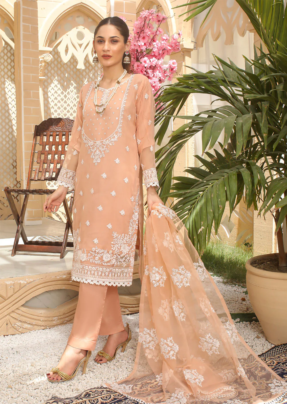KLD205 Light Sky - Peach Readymade Organza Suit