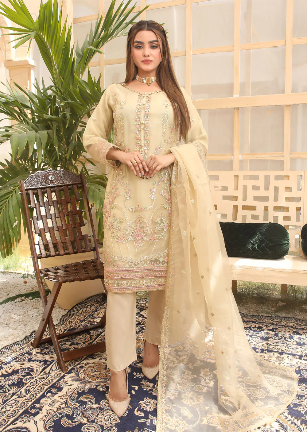 KLD211 Zaybun - Gold Readymade Organza Suit