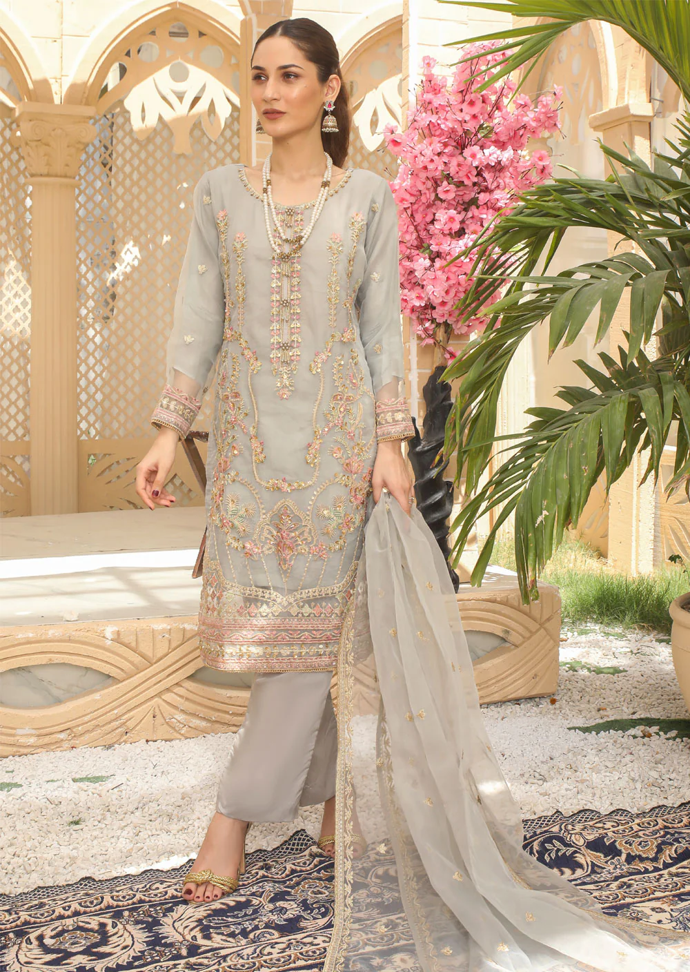 KLD211 Zaybun - Grey Readymade Organza Suit