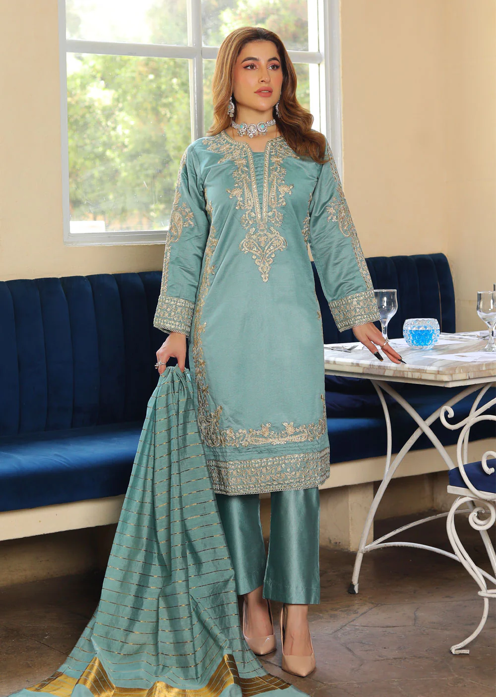 KLD305 Gulnar - Cyan Readymade Khadi Net Suit