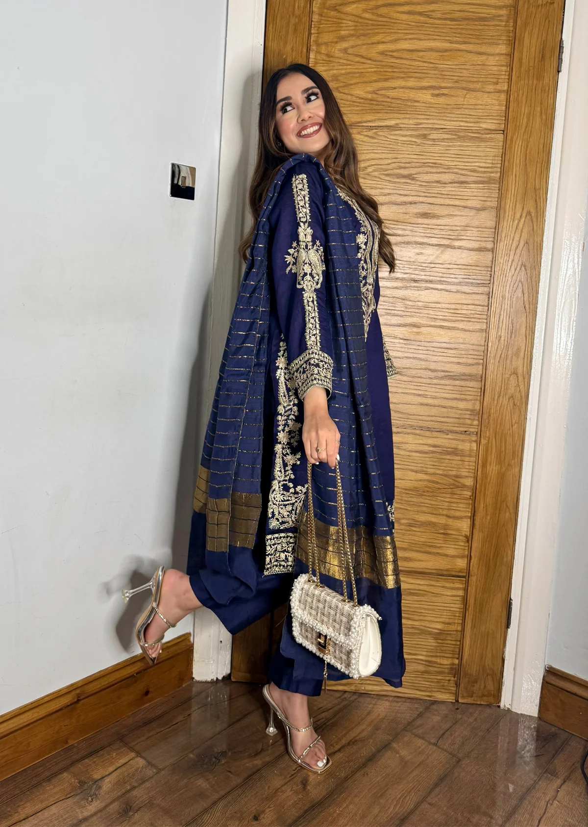 KLD305 Gulnar - Navy Readymade Khadi Net Suit - Image 2