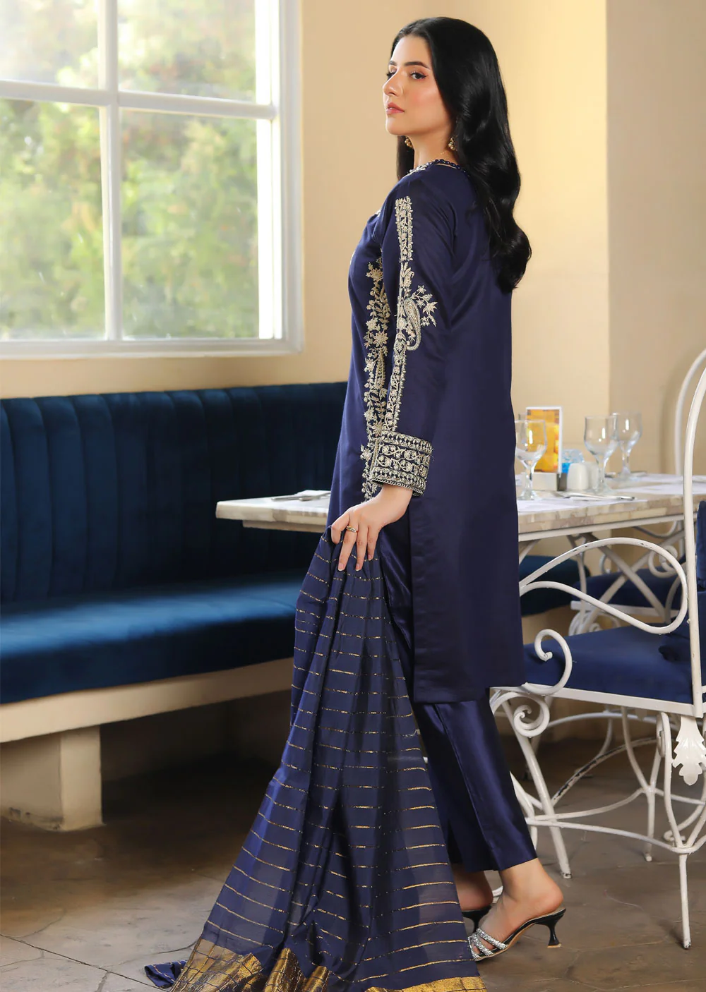 KLD305 Gulnar - Navy Readymade Khadi Net Suit - Image 4