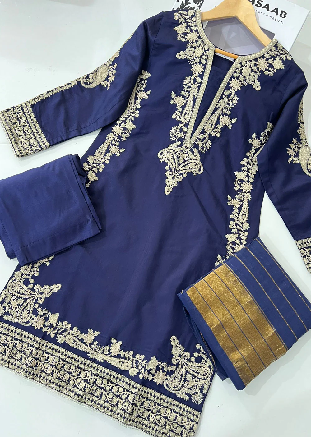 KLD305 Gulnar - Navy Readymade Khadi Net Suit - Image 6