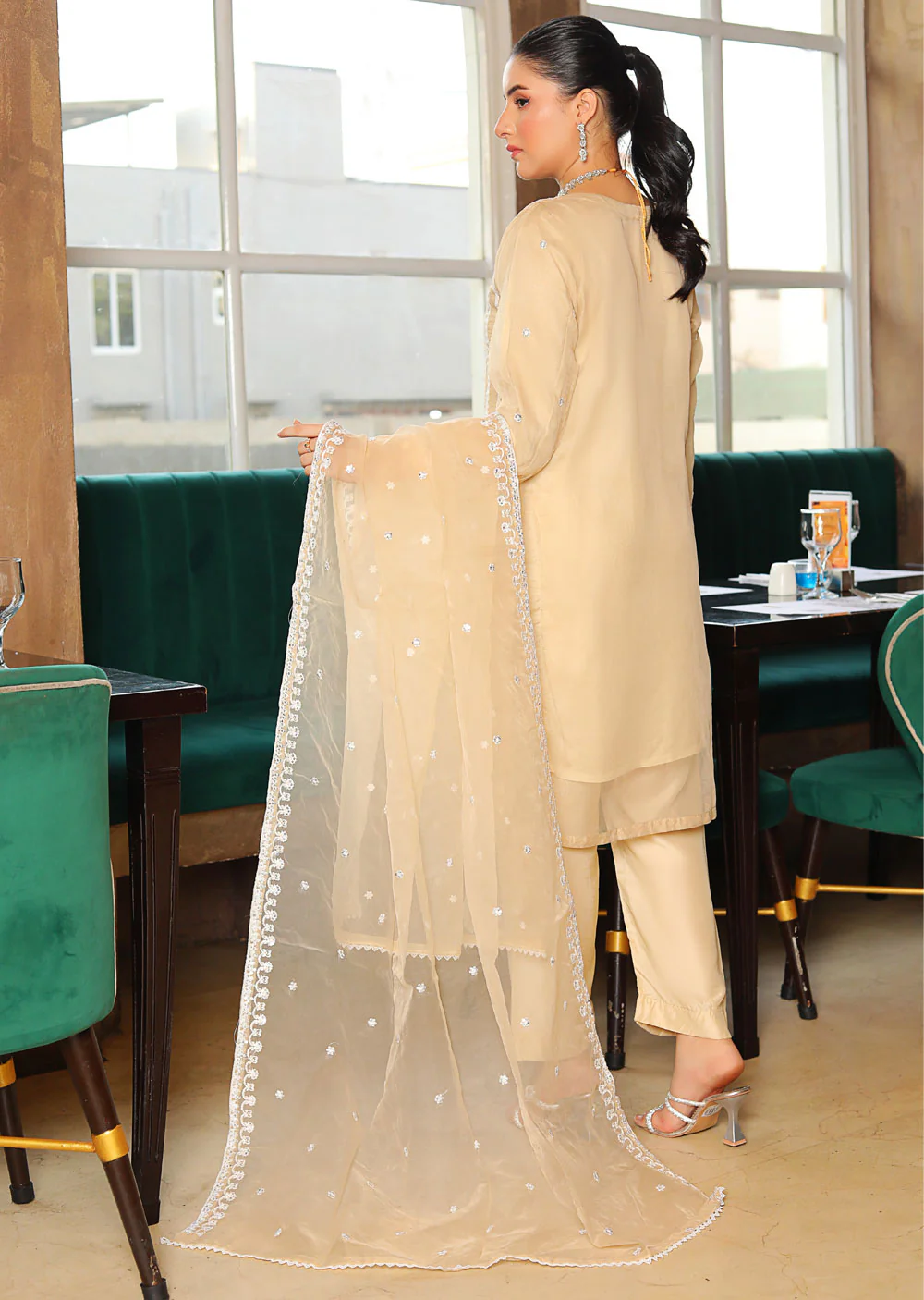 KLD308 Huma - Gold Readymade Organza Suit - Image 3