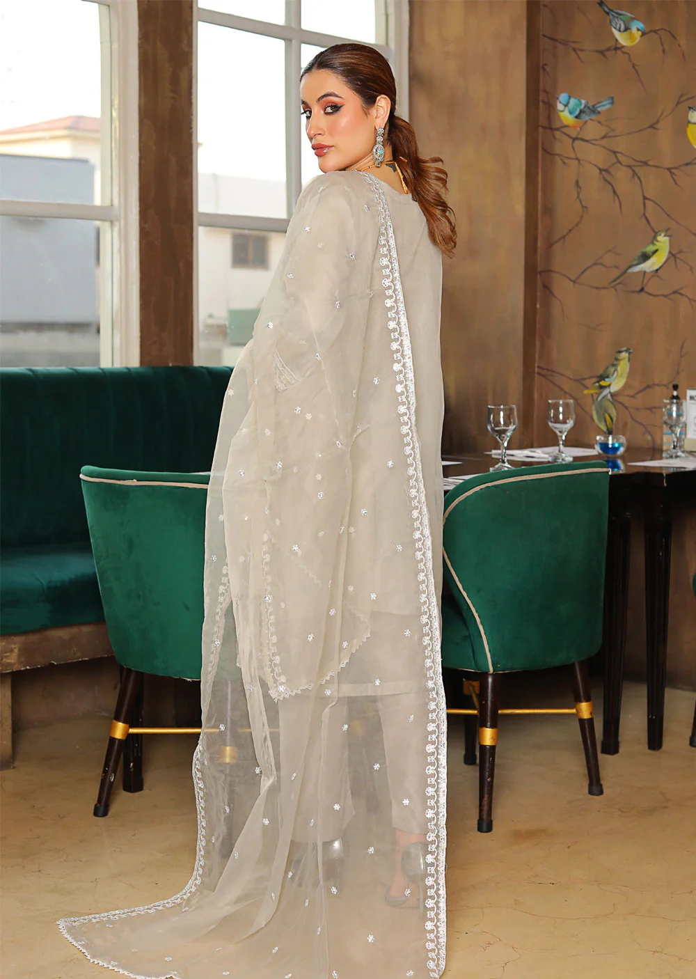 KLD308 Huma - Grey Readymade Organza Suit - Image 2