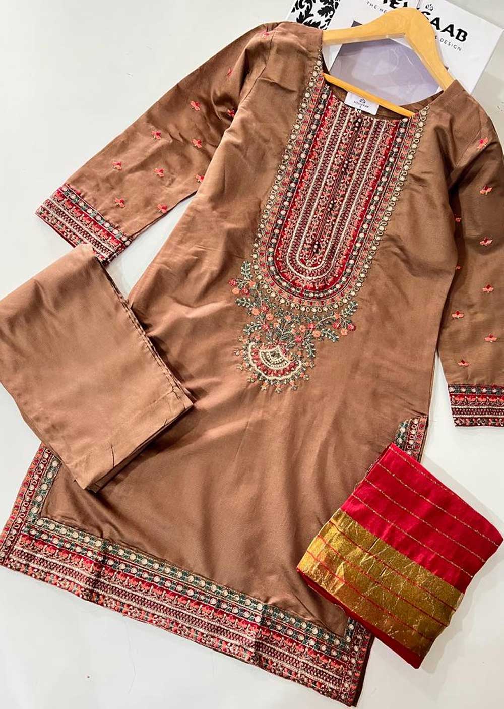 KLD310 Aaria - Brown Readymade Khadi Net Suit - Image 4