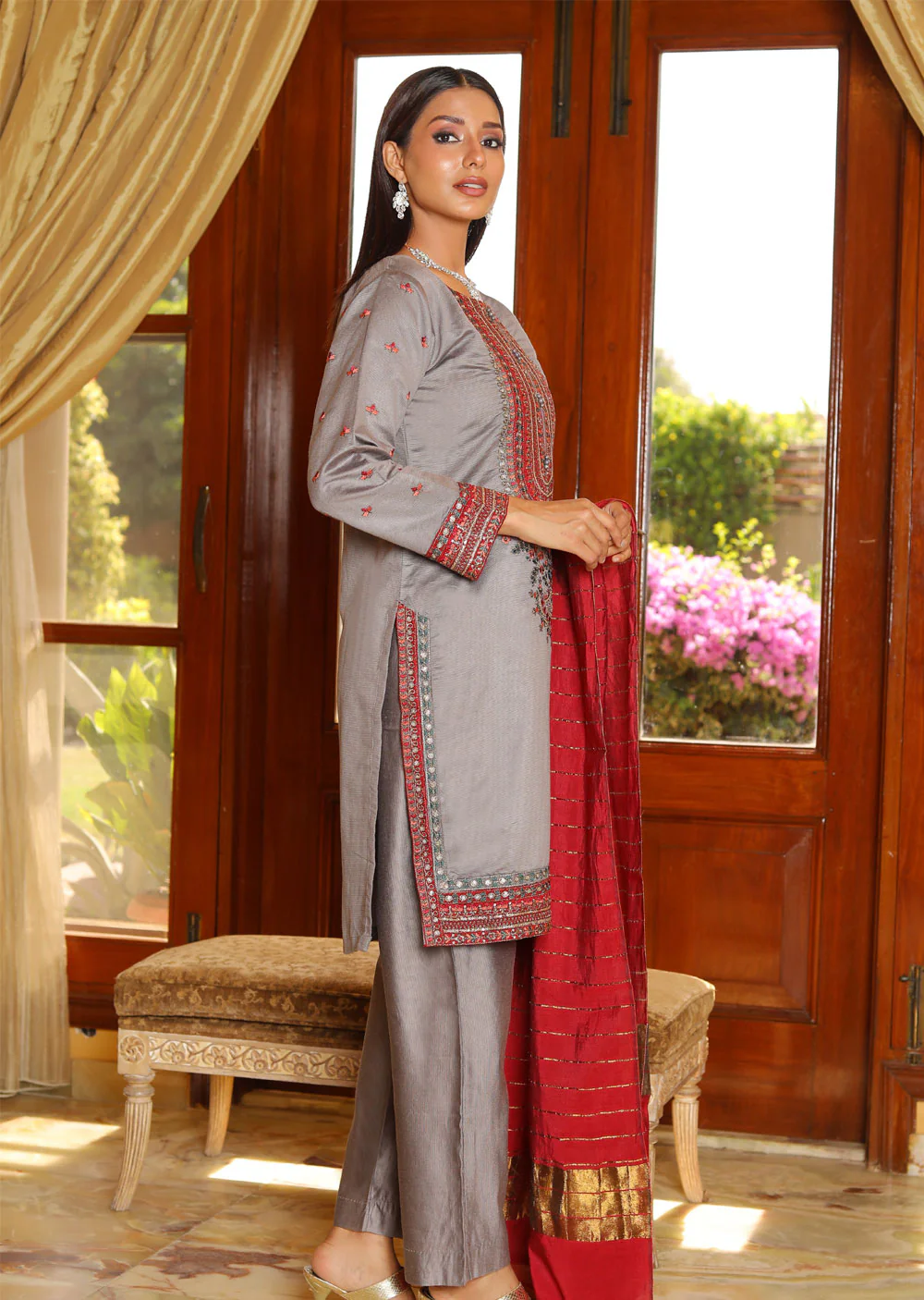 KLD310 Aaria - Grey Readymade Khadi Net  Suit - Image 2