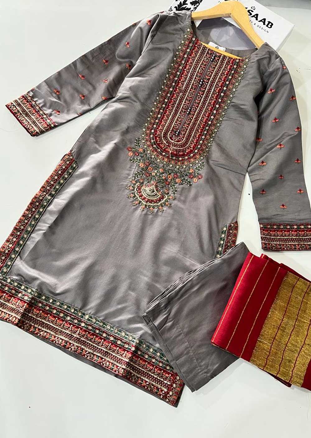 KLD310 Aaria - Grey Readymade Khadi Net  Suit - Image 4