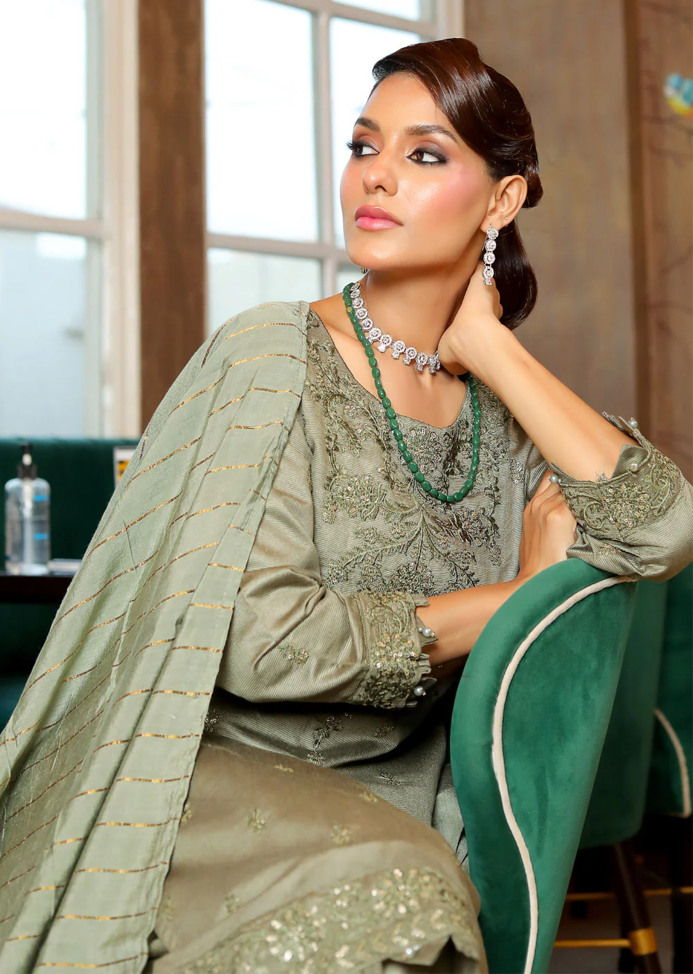 KLD313 Chand - Olive Readymade Khadi Net Suit - Image 4