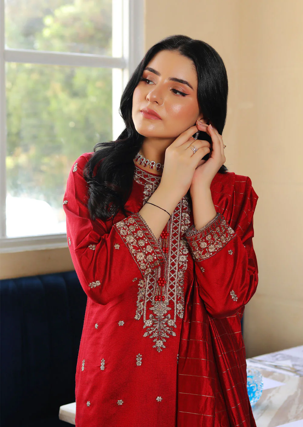 KLD314 / KLD1009 Dinah - Red Readymade Khadi Net Suit - Image 2