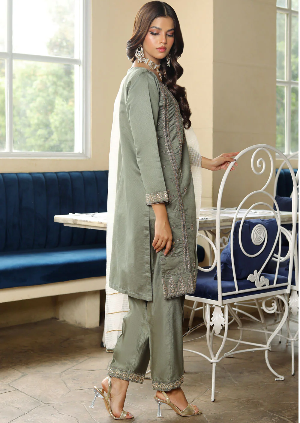 KLD316 Falak - Olive Readymade Khadi Net  Suit - Image 2