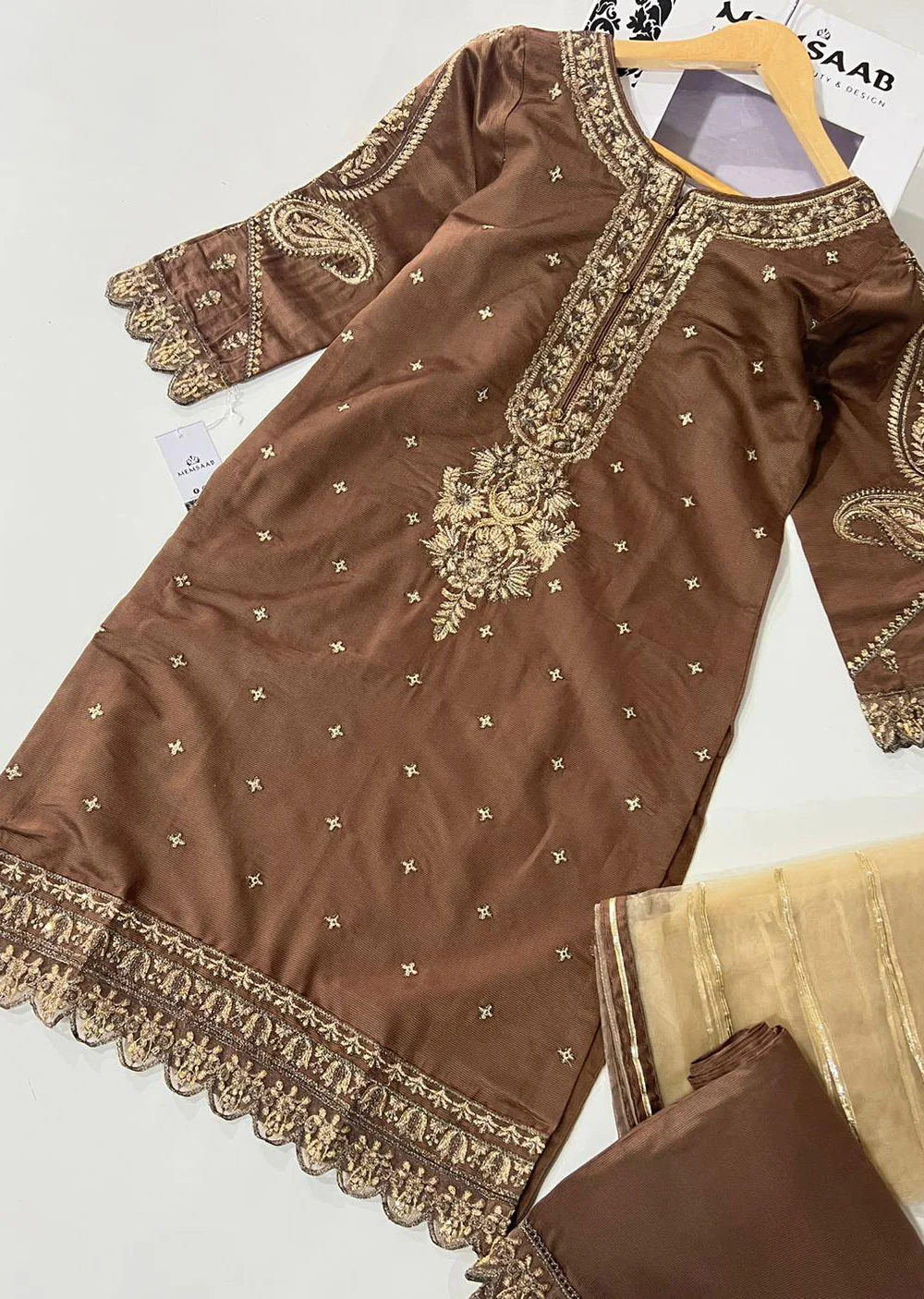 KLD317 Hoor - Brown Readymade Khadi Net Suit - Image 5