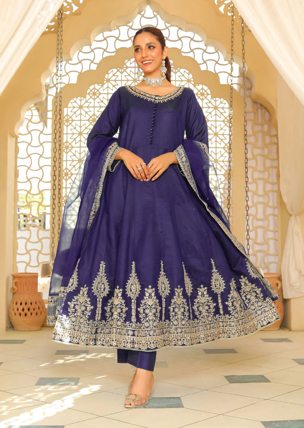 KLD318 / KLD1037 Iman - Navy Readymade Khadi Net Suit