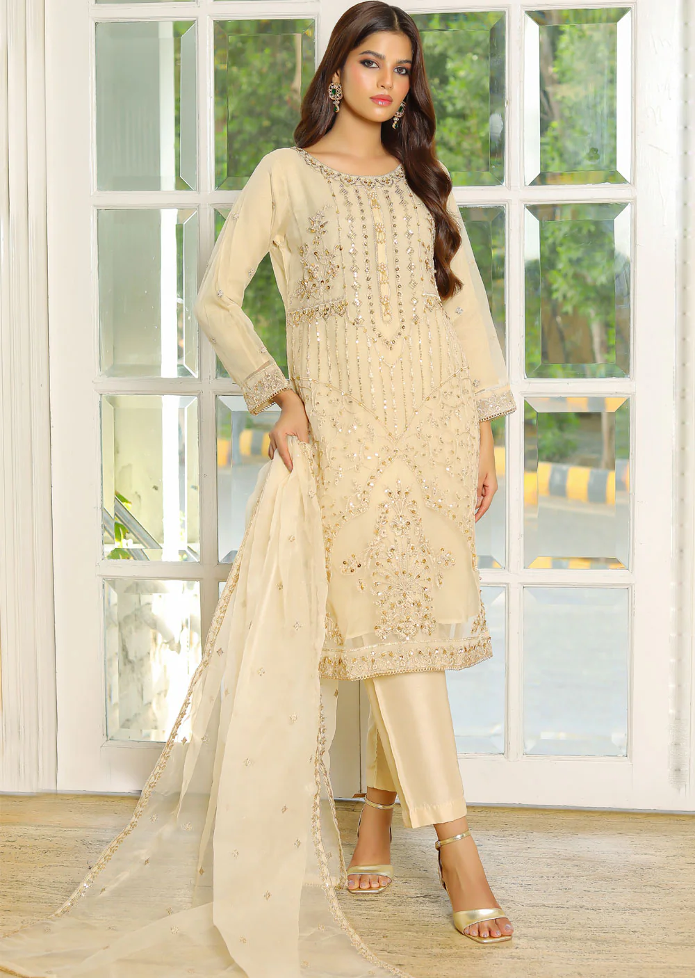KLD319 JANA - Gold Readymade Organza Suit