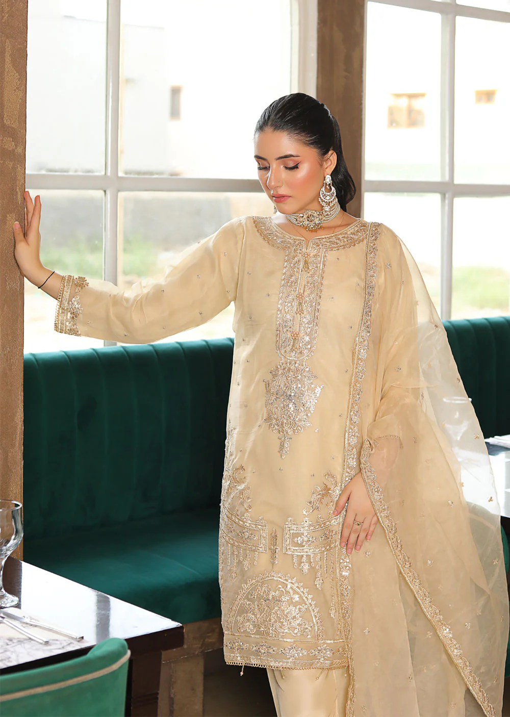 KLD323 Maya - Gold Readymade Organza Suit - Image 3