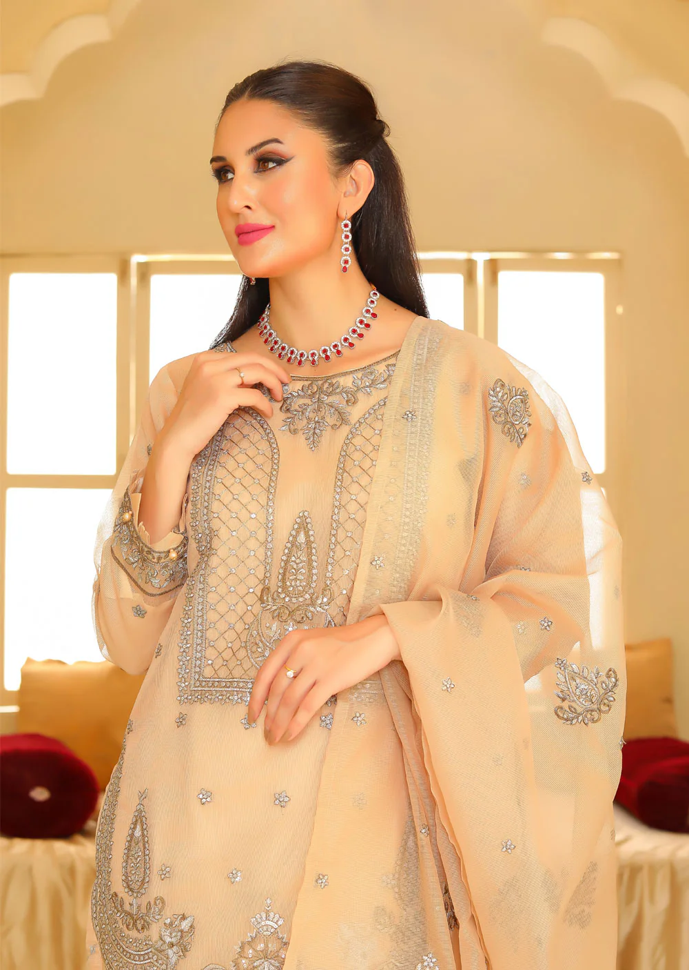 KLD325 / KLD 1030 Nifa - Light Peach Readymade Cotton net suit - Image 2
